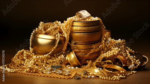 Gold jewelry pile kept together on a dark background