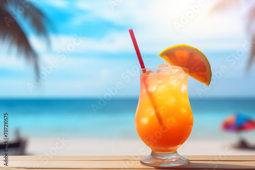 A bright summer cocktail decorated with a slice of orange stands on a table in a beach bar, a blurred background of a sandy beach with palm trees and the azure sea. Space for text