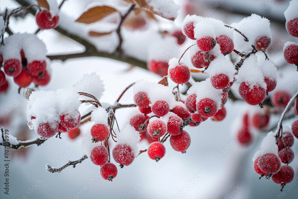 Snow covered red berries, winter flower ice Snow covered red berries, winter flower ice