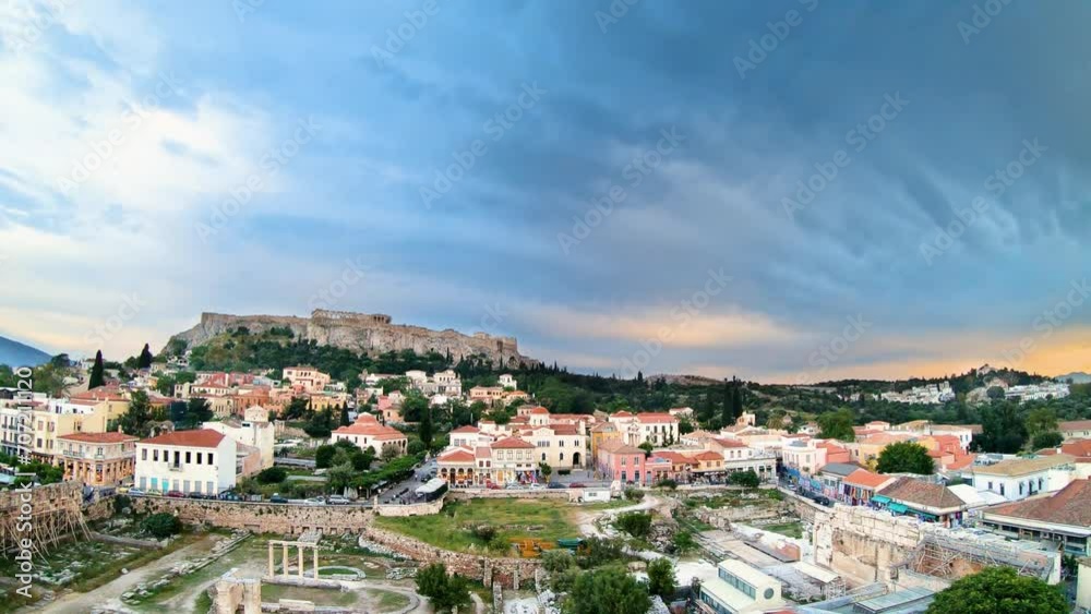 Timelapse with clouds during sunset of the Acropolis in Athens Greece Timelapse with clouds during sunset of the Acropolis in Athens Greece