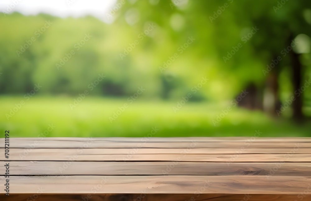 Empty wooden table on blurred green nature background Empty wooden table on blurred green nature background