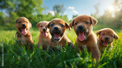 Little funny brown puppies running around the lawn