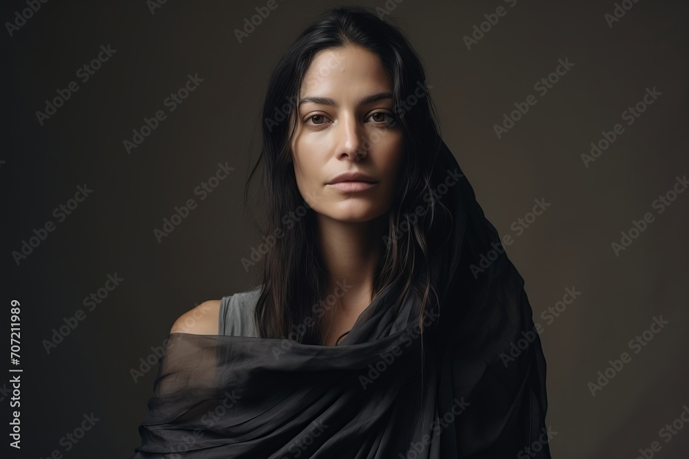 Beautiful brunette woman in a black scarf. Studio shot.