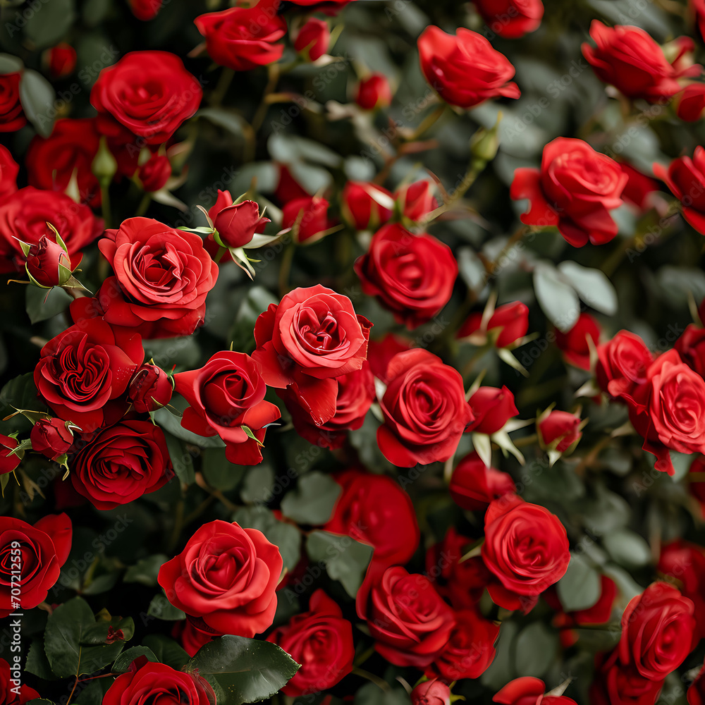 A photo of red roses with green leaves in a garden full frame