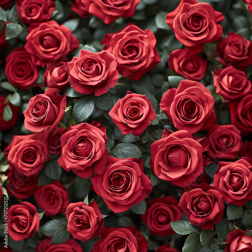 A photo of red roses with green leaves full frame