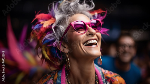 Happy senior woman on abstract background