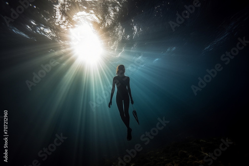 Freediver woman, underwater view. photo
