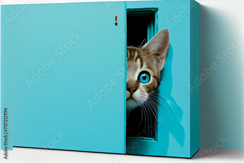 A funny, frightened, curious cat peeks out from around the corner. Light blue wall. photo