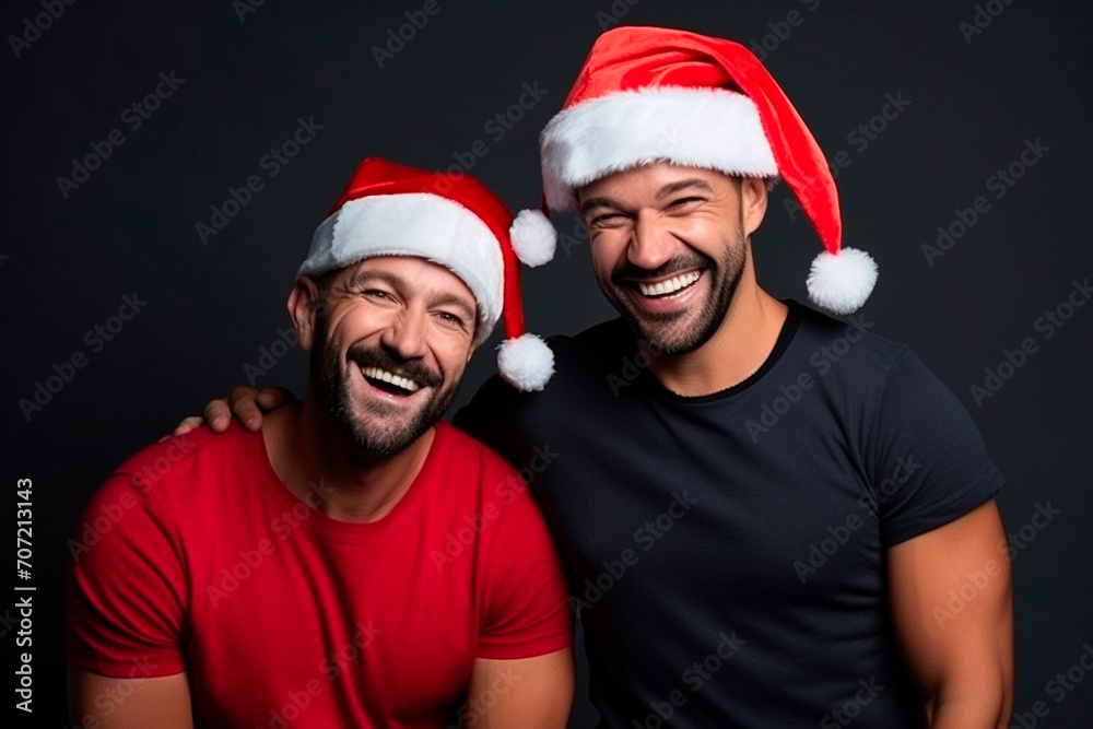 Two guys in Santa hats hug each other. LGBT concept. Two guys in Santa hats hug each other. LGBT concept.