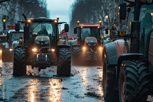 Many tractors blocked city streets and caused traffic jams in city. Agricultural workers protesting against tax increases, changes in law, abolition of benefits on protest rally in street © vejaa