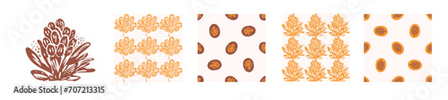 Block print rustic floral folkart motif and patten set. Vector quirky linocut leaf and scandi whimsical woodland design collection. Naive nature sprig folkart. 