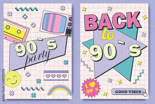 Retro party poster. 90's graphic design template. Music of the nineties, vintage cassette tape and 90s style. invitation card dancing party time advertisement poster background