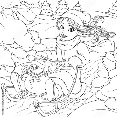 Vector illustration, cute girl sledding with a snowman through the forest