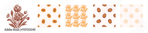 Block print rustic floral folkart motif and patten set. Vector quirky linocut leaf and scandi whimsical woodland design collection. Naive nature sprig folkart. 