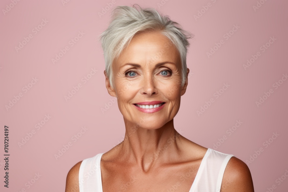 smiling senior woman looking at camera over pink background with copy space smiling senior woman looking at camera over pink background with copy space