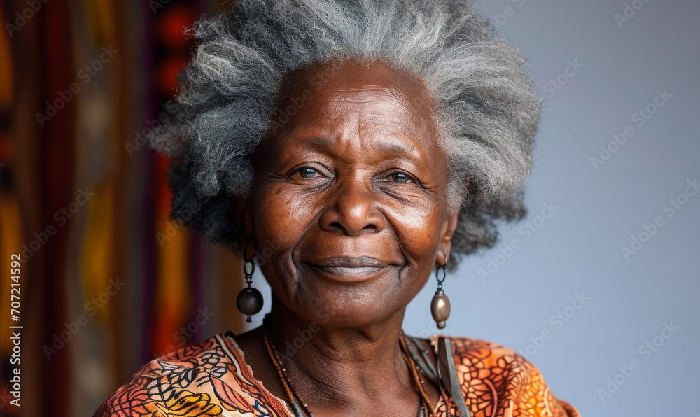 Portrait of a smiling elderly African woman with gray hair exuding warmth, wisdom, and the beauty of aging gracefully