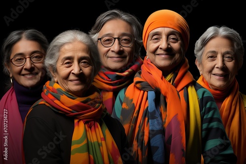 Group of elderly women with colorful scarves smiling against a black background