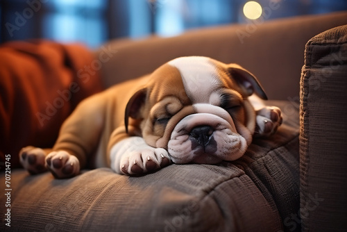 The bulldog puppy sleeps on the sofa, in the style of soft and dreamy atmosphere, light orange and light maroon, human-canvas integration, canon eos 5d mark iv, unprimed canvas, eye-catching, engineer photo