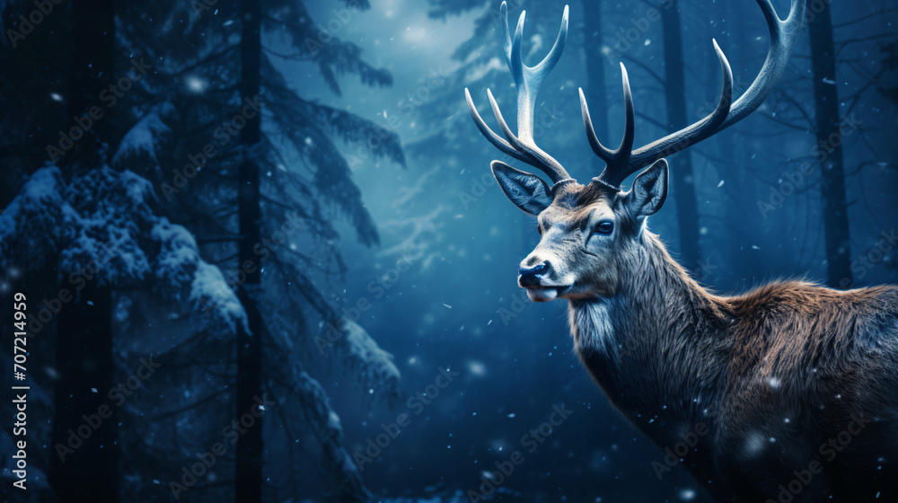 Deer in the snow with light and snow falling around it, in the style of photorealistic portraiture, dark red and dark azure, photo-realistic landscapes, wimmelbilder, exotic flora and fauna, baroque a Deer in the snow with light and snow falling around it, in the style of photorealistic portraiture, dark red and dark azure, photo-realistic landscapes, wimmelbilder, exotic flora and fauna, baroque a