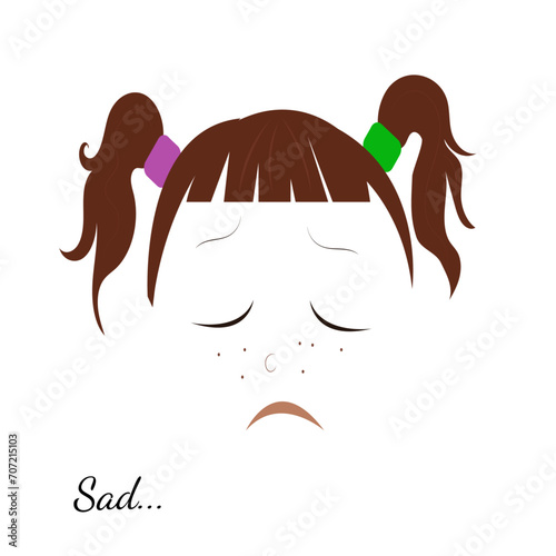 Cartoon sad  kid face . Flat design vectr illustration on white background