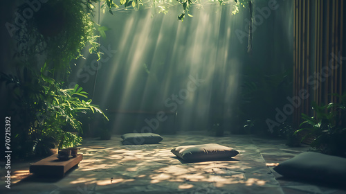 Uma imagem serena de um quarto suavemente iluminado com almofadas confortáveis plantas e decoração tranquila projetada para promover a atenção plena e relaxamento para o bem-estar mental. photo