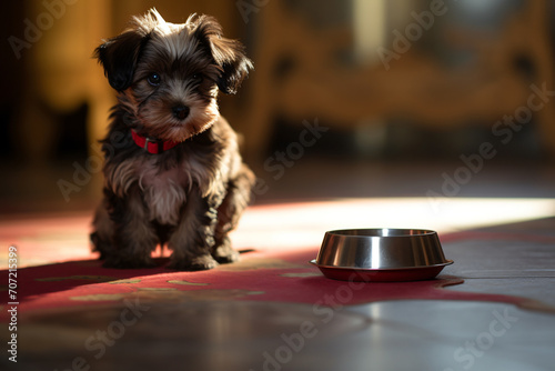 Small dog begging for its dog bowl on floor outside, in the style of bokeh, kitchen still life, dark brown and crimson, cinestill 50d, shaped canvas, high quality photo, toyism

 photo