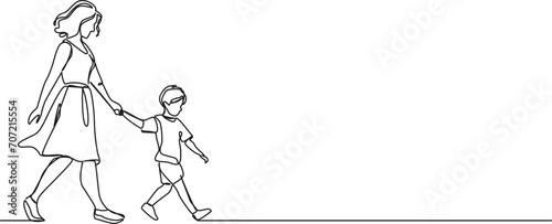 continuous single line drawing of young boy walking by the hand of his mother, line art vector illustration