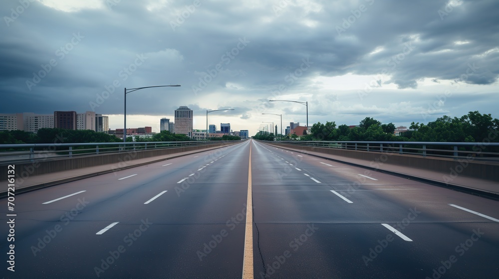 street on a deserted city bridge with clouds