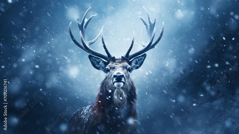 Deer in the snow with light and snow falling around it, in the style of photorealistic portraiture, dark red and dark azure, photo-realistic landscapes, wimmelbilder, exotic flora and fauna, baroque a Deer in the snow with light and snow falling around it, in the style of photorealistic portraiture, dark red and dark azure, photo-realistic landscapes, wimmelbilder, exotic flora and fauna, baroque a