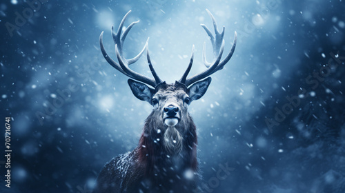 Deer in the snow with light and snow falling around it, in the style of photorealistic portraiture, dark red and dark azure, photo-realistic landscapes, wimmelbilder, exotic flora and fauna, baroque a