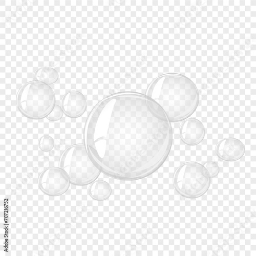 Transparent water bubble. Soap bubble, crystal glass ball. Beauty product, moisture, skincare transparent bubbles top view, scatter splashes