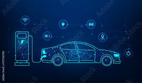 car electric vehicle technology digital circuit on blue background. ev car concept.automobile charging device station with icon element. alternative sustainable transport. vector illustration hi-tech.
