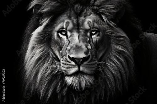 A high quality black and white portrait of a lion with an impressive ear and ear hair  in the style of intense close-ups  photorealist painter  photorealistic wildlife art  luminous shadows  poster  c