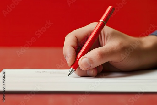 Hand writing with a red pen on lined notepad against a red background.