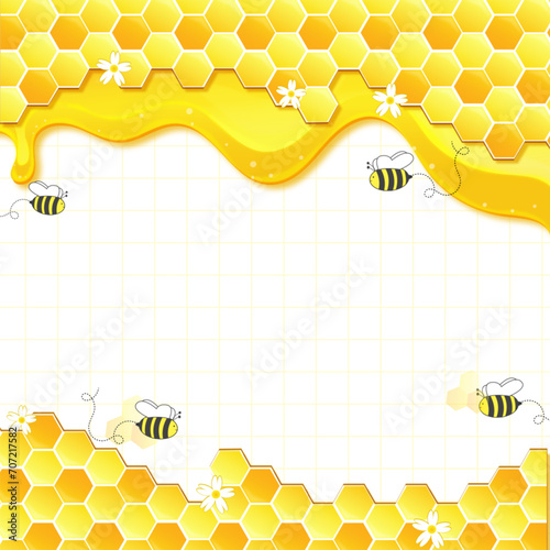 honeycomb frame with flower bee and liquid honey background social media template