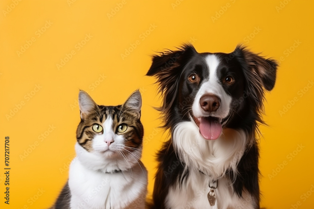 Funny cat and funny dog are seat on color background.