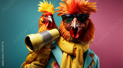 a chicken is holding a megaphone in luxurious clothes and a yellow background. generative ai