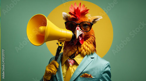 a chicken is holding a megaphone in luxurious clothes and a yellow background. generative ai