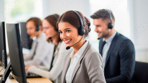 Call center workers. Men and women with headphones and microphone headset. photo