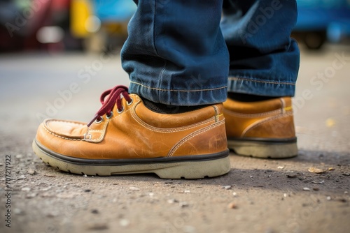 Person's feet in tan shoes with red laces on a gritty urban street.