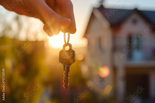 hand holding keys with house in background, purchase of new home, real estate renting, mortgage, construction of home