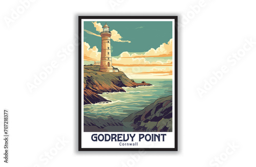 Godrevy Point, Cornwall. Vintage Travel Posters. Vector art. Famous Tourist Destinations Posters Art Prints Wall Art and Print Set Abstract Travel for Hikers Campers Living Room Decor