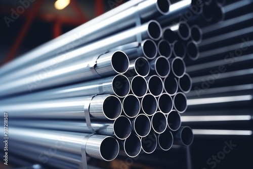 Metal steel pipes cobalt nickel aluminum gray metallic tube stack production line industry pipeline construction site factory stainless iron round pipeline shiny plumbing manufacturing heavy industry photo