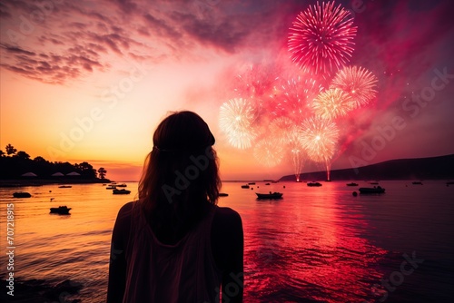 Woman Observing Magnificent and Luxurious Fireworks Display with Delight