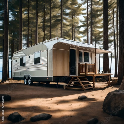 Interior of a trailer of mobile home, or recreational vehicle standing on the shore. Camping in the nature, and family travel concept