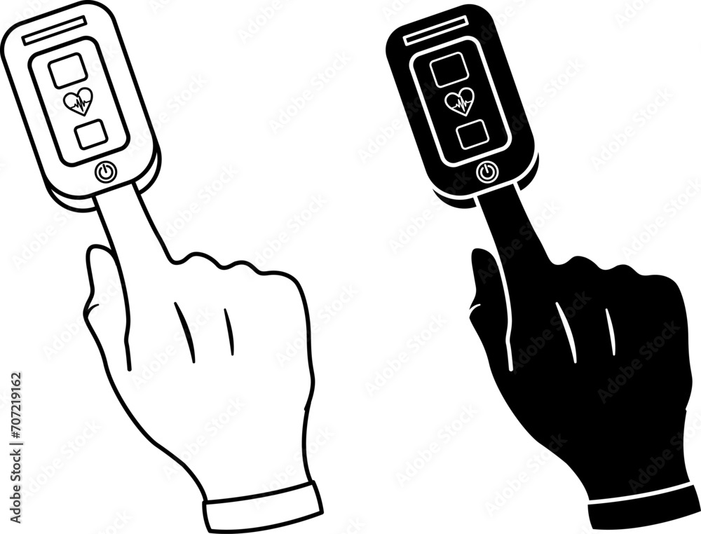 Pulse Oximeter Icons on Finger. Black and White Icons. Measurement of