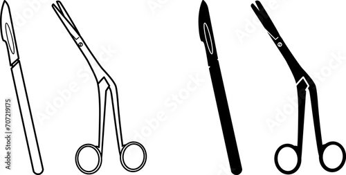 Surgical Instruments Icons. Black and White Icons. Medical Scalpel and Scissors. Vector illustration