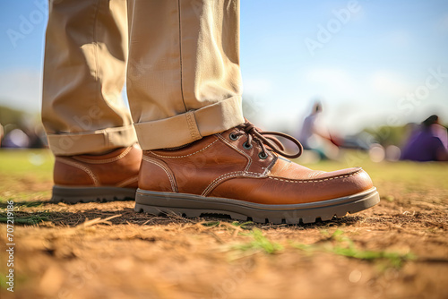 Close-up of stylish brown shoes on a grassy field.