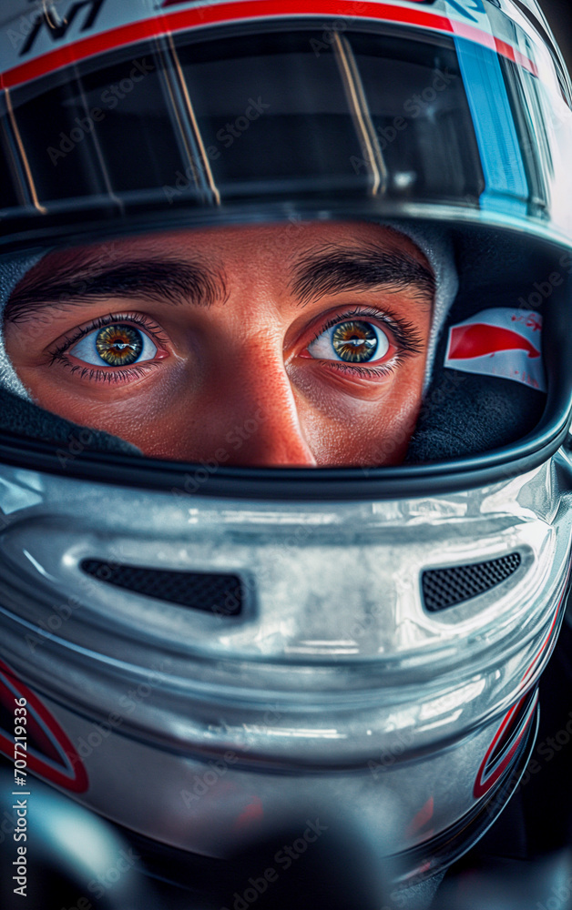 Extreme close-up of a F1 driver with helmet Extreme close-up of a F1 driver with helmet
