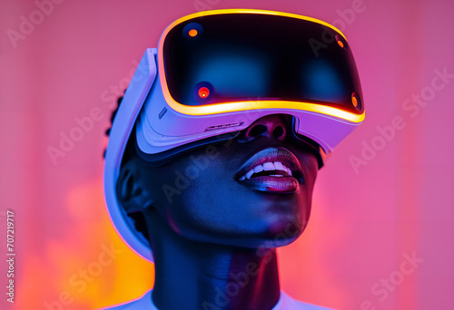 black girl in futuristic fancy clothes wearing futuristic virtual reality goggles © toxicoz